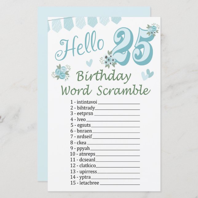 25. Geburtstag Word Scramble Game (Vorne/Hinten)