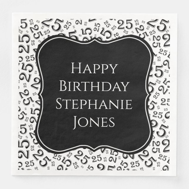 25. Geburtstags Schwarz/Weiß-Bracket-Zahlenmuster Serviette (Vorderseite)