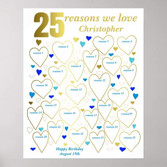 25. Geburtstagsgeschenk - Gründe für unsere Liebe Poster (Vorne)