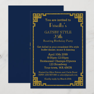 25. Geburtstagsparty, Gatsby Style, Marine & Gold Einladung