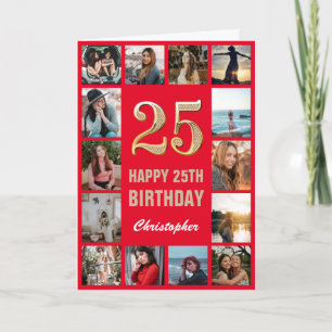 25. Happy Geburtstag Rot und Gold Foto Collage Karte