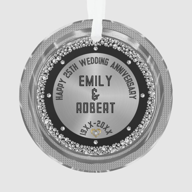 25. Hochzeit Jubiläum weiße Diamanten & Gold Ornament (Rückseite)