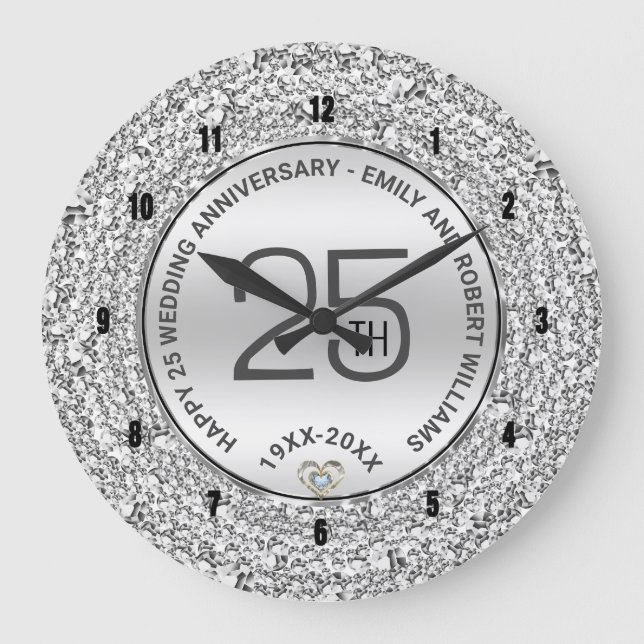 25. Hochzeit Jubiläum weiße Diamanten & Silber Große Wanduhr (Vorderseite)