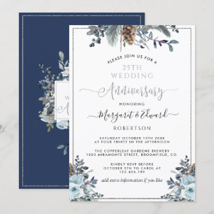 25. Hochzeitsjubiläum, Silber, Marineblaue Blumen Einladung