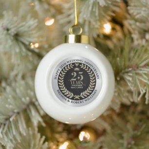 25. Hochzeitsjubiläum Silberglitter und Gold Keramik Kugel-Ornament