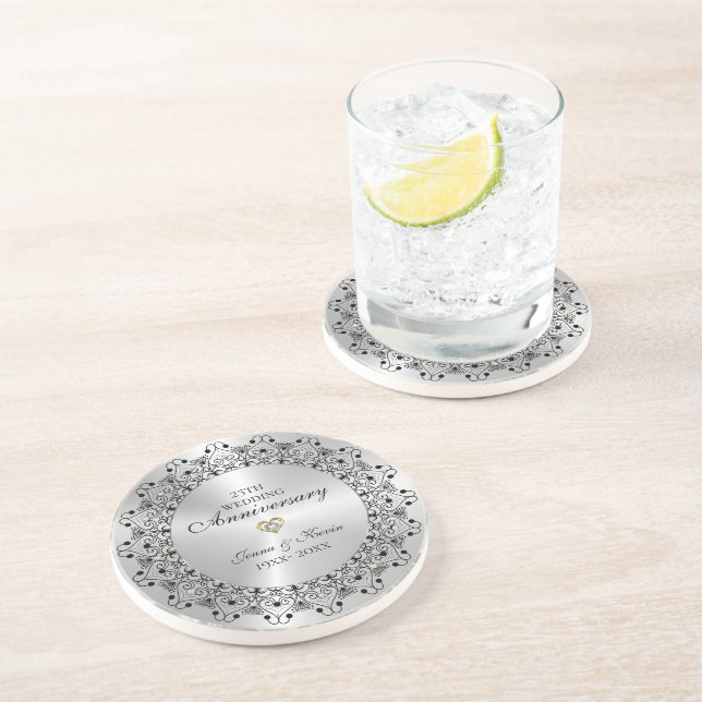 25. Hochzeitstag BlackMandala auf Silber Getränkeuntersetzer (Seite)