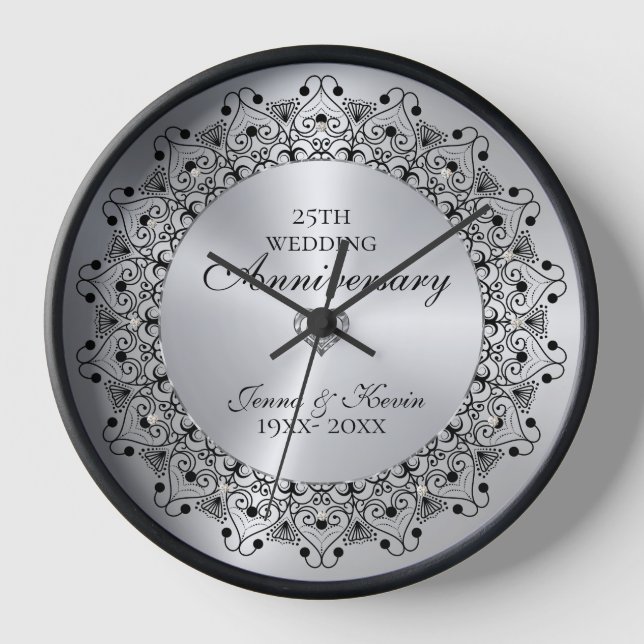 25. Hochzeitstag BlackMandala auf Silber Uhr (Vorderseite)