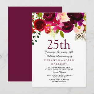 25. Hochzeitstag Burgunder Blumen Einladung