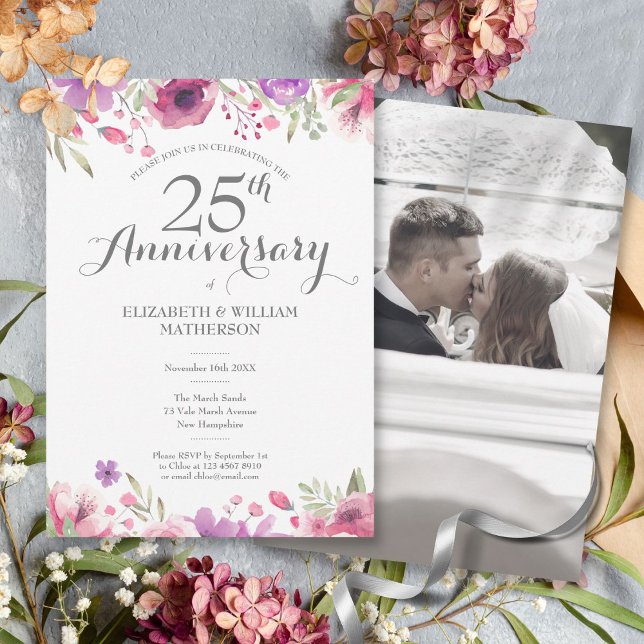 25. Hochzeitstag Foto Aquarellfarben Rose Einladung (25th Wedding Anniversary Photo Watercolor Roses Invitation)