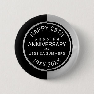 25. Hochzeitstag Geometrisches Schwarz & Silber Button