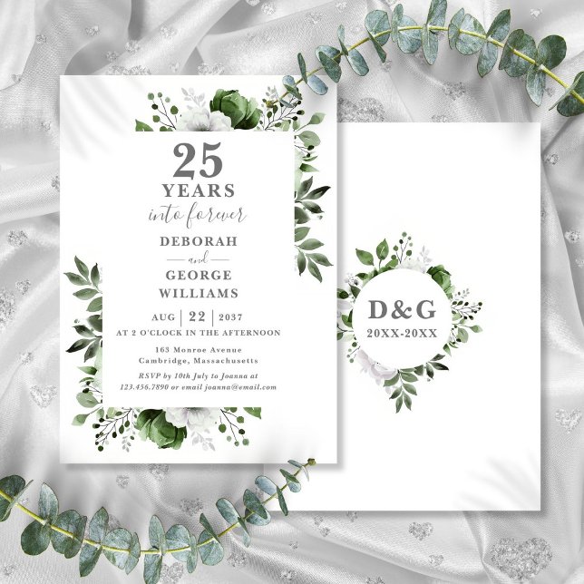 25. Hochzeitstag Grüne Blumenmonogramm Einladung (25th Wedding Anniversary Greenery Floral Monogram Invitation)