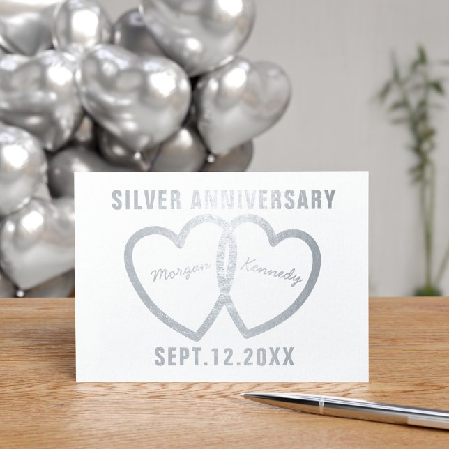 25. Hochzeitstag Herz-Silberfolie-Karte Folienkarte (25th Wedding Anniversary Card with two entwined silver hearts waiting for your to add their names)