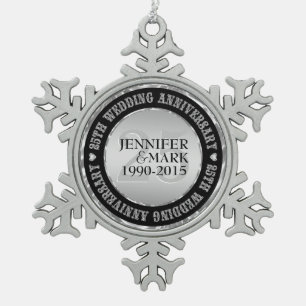 25. Hochzeitstag Metallic Silver & Black 2 Schneeflocken Zinn-Ornament