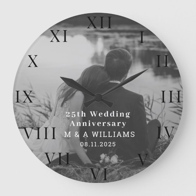 25. Hochzeitstag Modernes Foto Fünfzigjährig Große Wanduhr (Vorderseite)