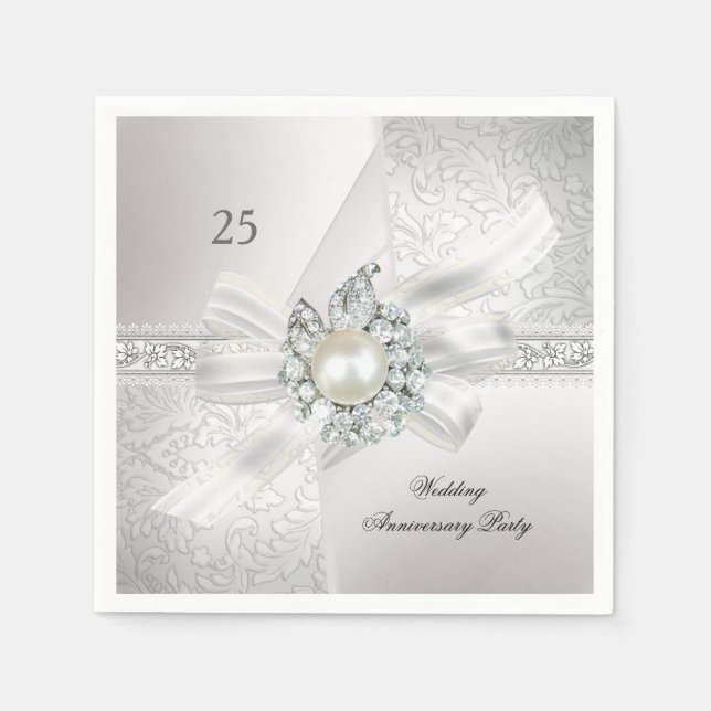 25. Hochzeitstag Party Pearl White Silver Serviette (Vorderseite)
