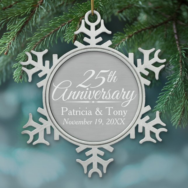 25. Hochzeitstag Personalisiert Schneeflocken Zinn-Ornament (Personalized Pewter Christmas Ornament - 25th Wedding Anniversary)