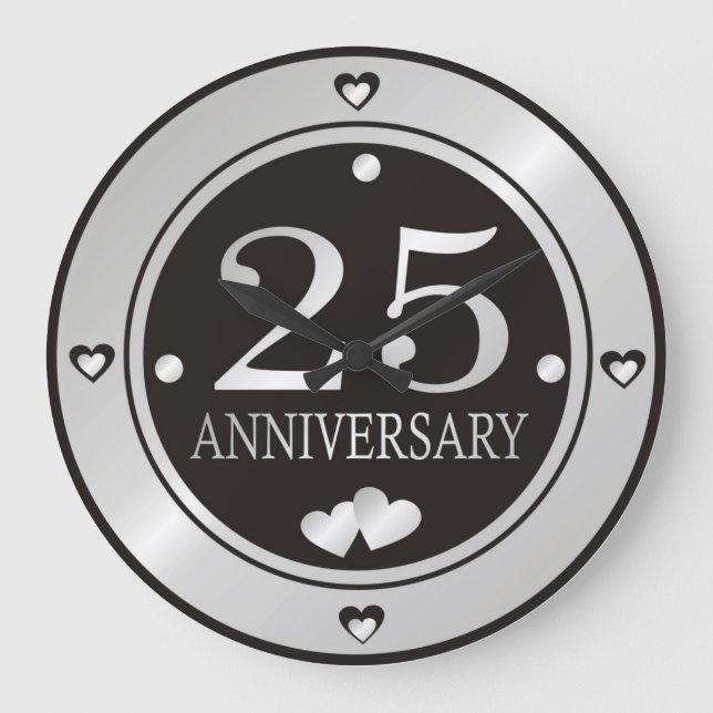 25. Hochzeitstag Schwarz und Silber   Große Wanduhr (Vorderseite)