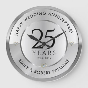 25. Hochzeitstag, schwarz und silber Große Wanduhr