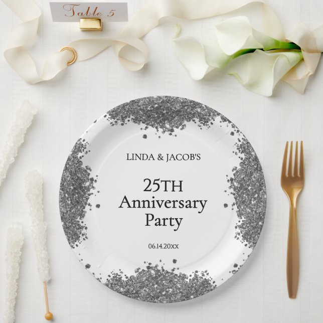 25. Hochzeitstag Silber-Faux-Glitter Pappteller (Hochzeit)