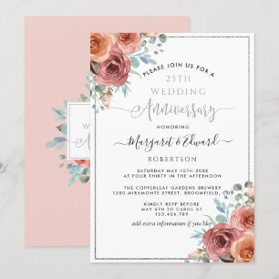 25. Hochzeitstag, Silber-Mint-Pfirsich-Blumenmuste Einladung