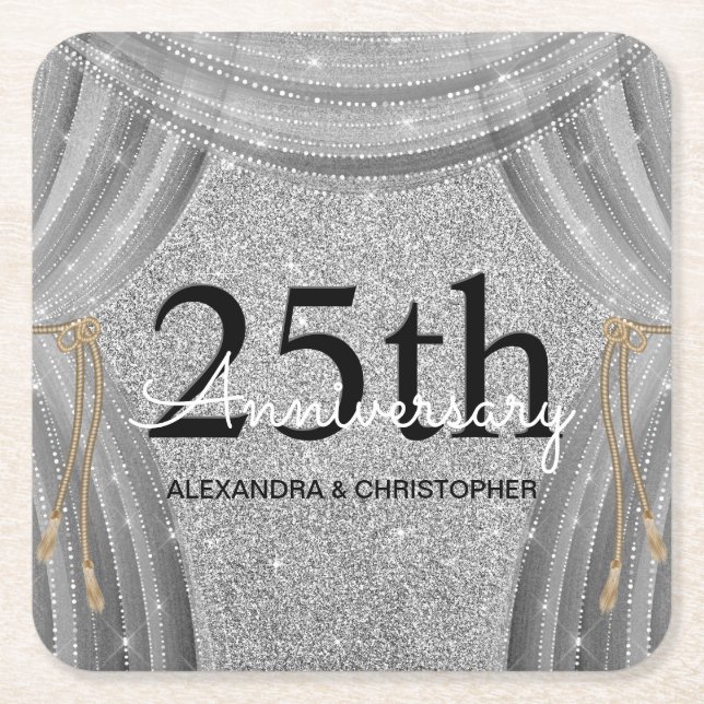 25. Hochzeitstag Silber und Schwarzer Sparkle Rechteckiger Pappuntersetzer (Vorderseite)