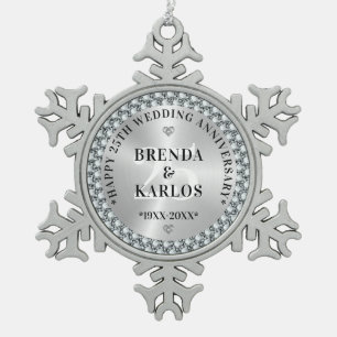 25. Hochzeitstag Silber & White Diamonds 2 Schneeflocken Zinn-Ornament