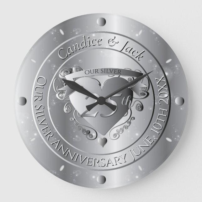 25. Hochzeitstag Silberherz Große Wanduhr (Vorderseite)