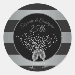 25. Hochzeitstag Silberschwarzer Streifen Runder Aufkleber
