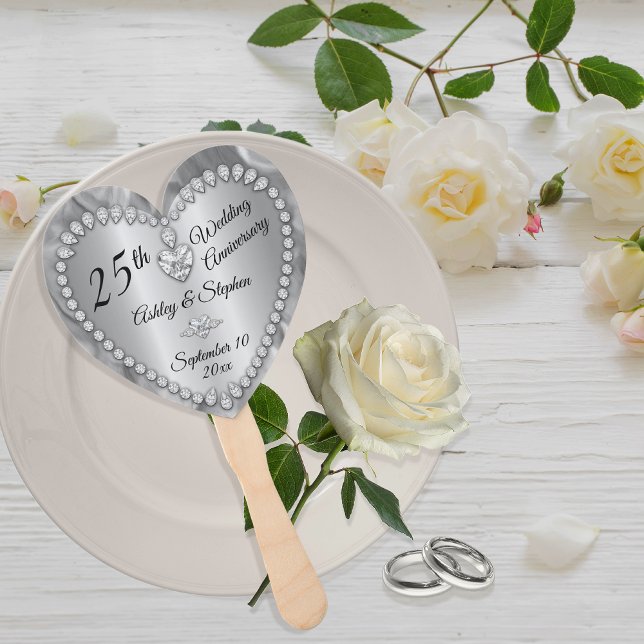 25. Hochzeitstag Silver Diamonds - Sake Fächer (25th Wedding Anniversary Silver Tone and Faux Diamonds Keepsake Hand Fan)