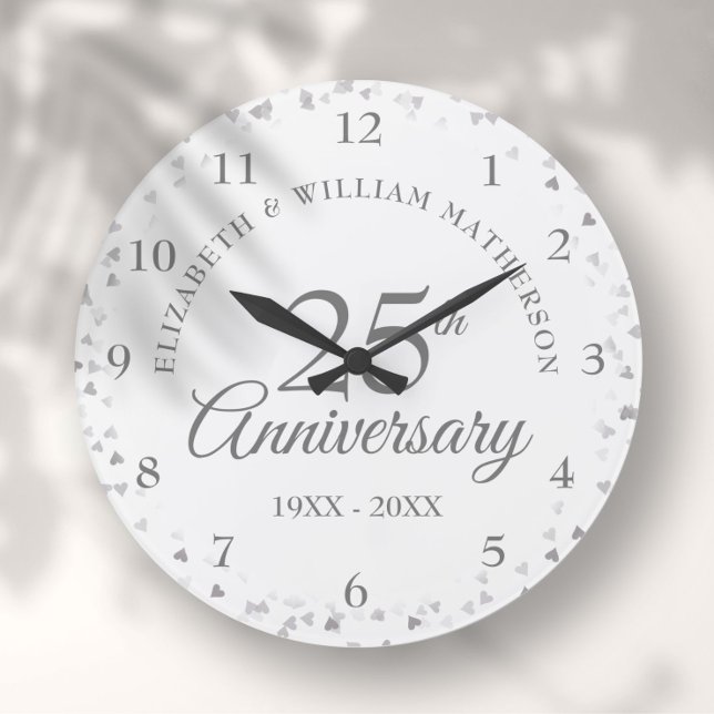 25. Hochzeitstag Silver Hearts Confetti Große Wanduhr (25th Wedding Anniversary Silver Hearts Confetti Large Clock)