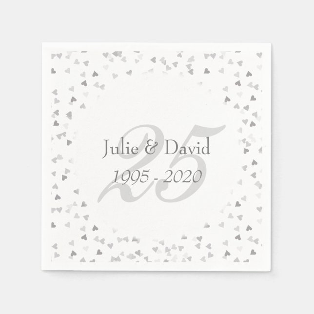 25. Hochzeitstag Silver Hearts Confetti Serviette (Vorderseite)