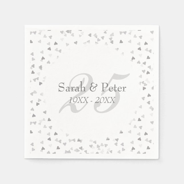 25. Hochzeitstag Silver Hearts Confetti Serviette (Vorderseite)