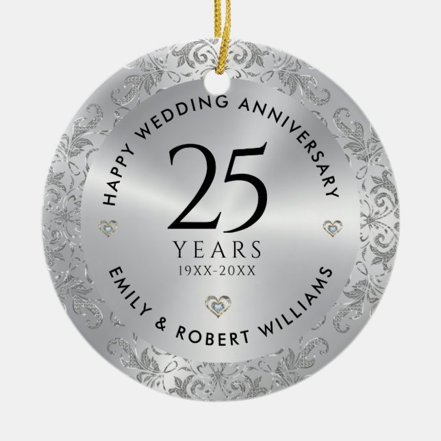 25. Hochzeitstag Silver Sparkling Frame Keramik Ornament (Vorne)