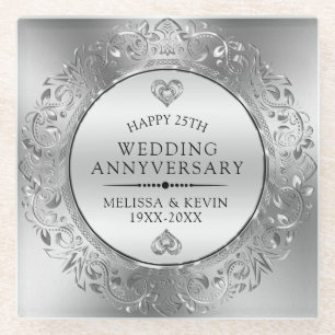 25. Hochzeitstag Weißer und Silberrahmen Glasuntersetzer
