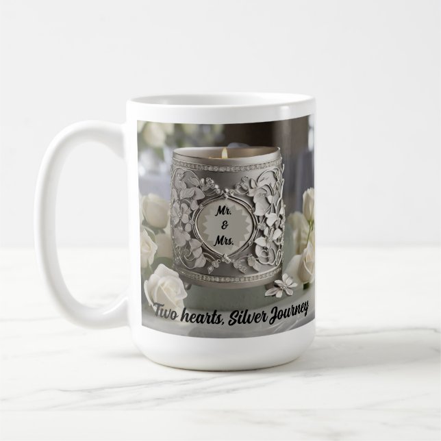 25. Hochzeitstag, zwei Herzen, Silber Kaffeetasse (Links)