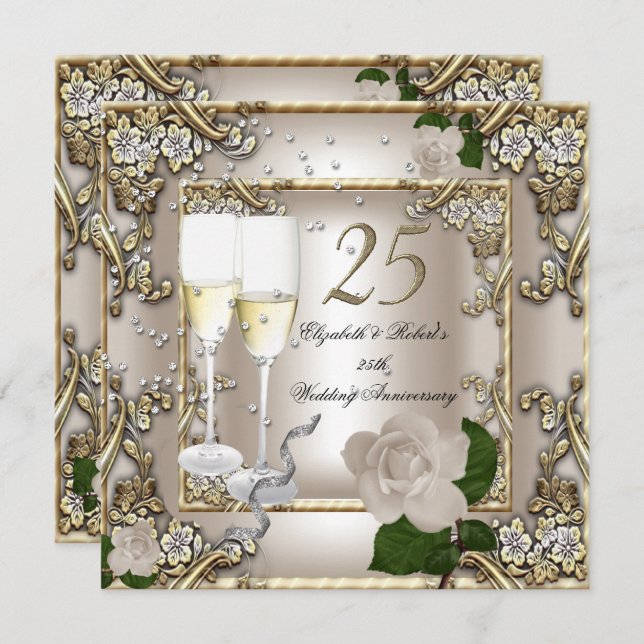 25. Jahrestag Hochzeit Creme Gold Rose Silver Einladung (Vorne/Hinten)