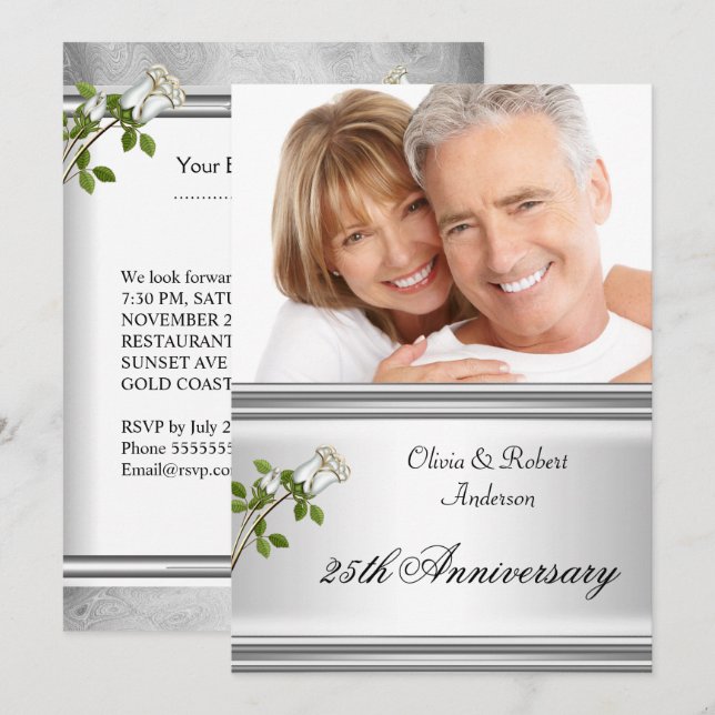 25. Jahrestag Hochzeit Silver White Rose Einladung (Vorne/Hinten)