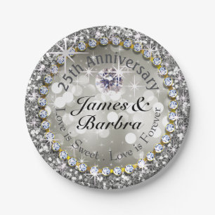 25. Jahrestags-schillerndes Diamant Bling   Silber Pappteller