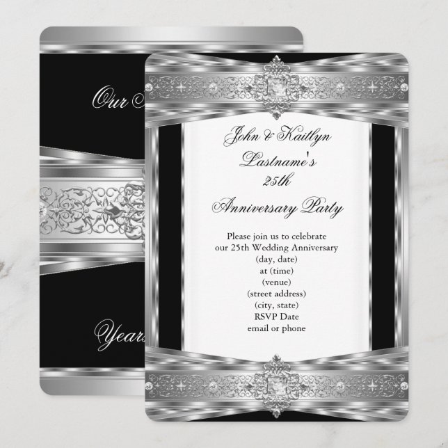 25-jähriges Party Damask Diamond Silver Black Einladung (Vorne/Hinten)