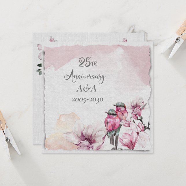 25. Jubiläum Aquarellfarbe Rosa Blume und Vögel Einladung (Vorderseite/Rückseite Beispiel)