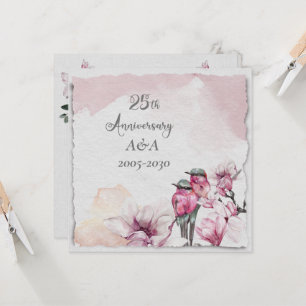 25. Jubiläum Aquarellfarbe Rosa Blume und Vögel Einladung