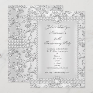 25. Jubiläum Diamant Rose Damast Silber lang Einladung