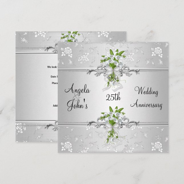 25. Jubiläum Elegant Silver White Floral Einladung (Vorne/Hinten)