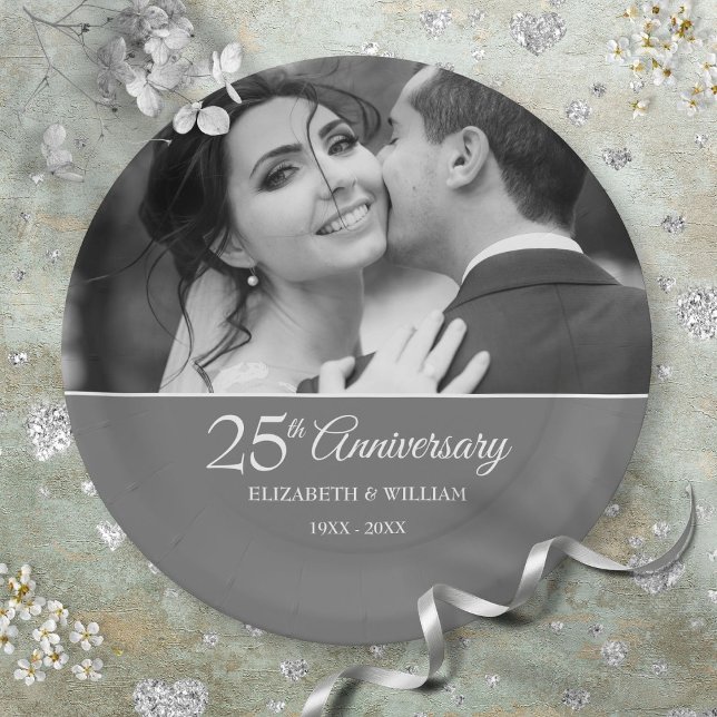 25. Jubiläum Hochzeit Foto Chic Silver Pappteller (25th Anniversary Wedding Photo Chic Silver Paper Plates)