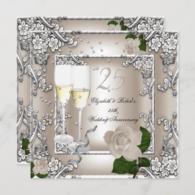 25. Jubiläum Hochzeitscreme Rose Silver Einladung (Vorne/Hinten)