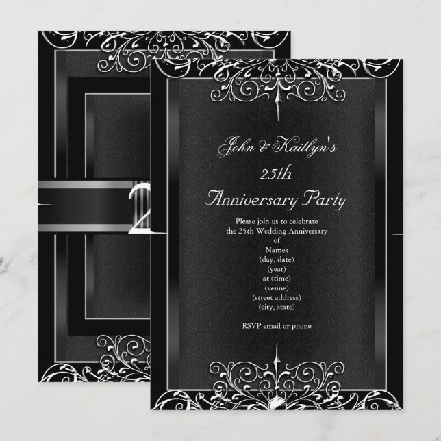 25. Jubiläum Party Chalkboard Silver Floral 3 Einladung (Vorne/Hinten)