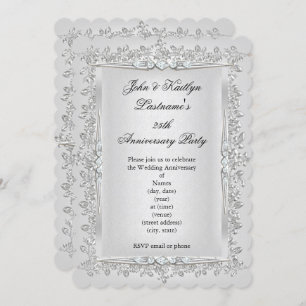 25. Jubiläum Party Rose Damask Silver White 2 Einladung