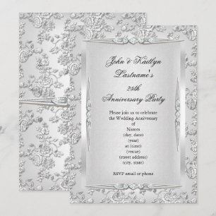 25. Jubiläum Party Rose Damask Silver White Einladung