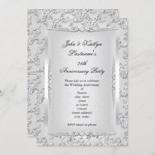25. Jubiläum Party Rose Damask Silver White Einladung