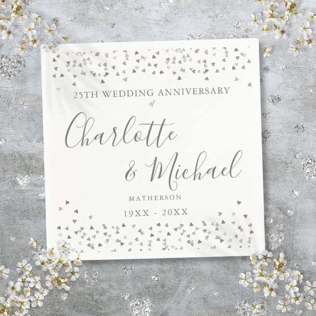 25. Jubiläum Signatur Silver Hearts Confetti Serviette (25th Anniversary Signature Silver Hearts Confetti Napkins)